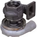 Bottom view of 6506-21-5020 turbocharger showing exhaust flange and mounting clamps