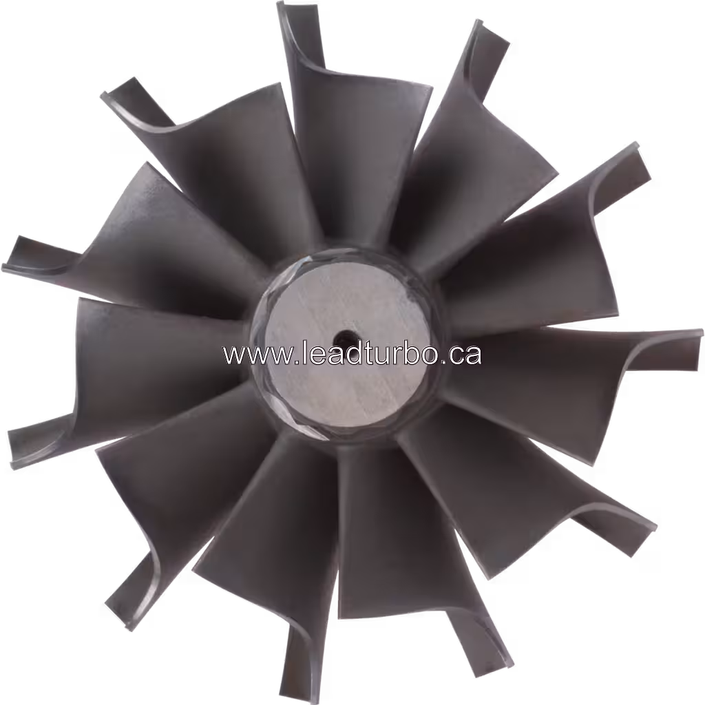 HX83 turbine wheel top view showing blade curvature and shaft