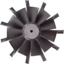 HX83 turbine wheel top view showing blade curvature and shaft