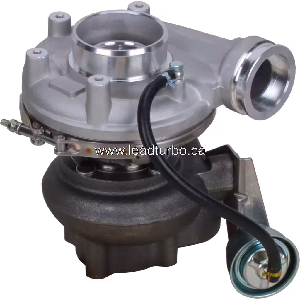 D6E turbocharger top view showing actuator assembly and cooling hose connection