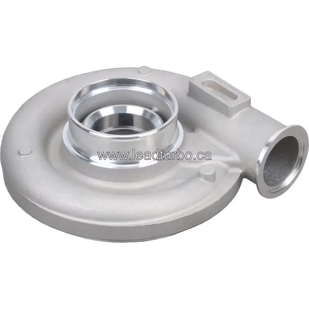 Silver cast metal compressor housing with tangential inlet pipe and mounting tab
