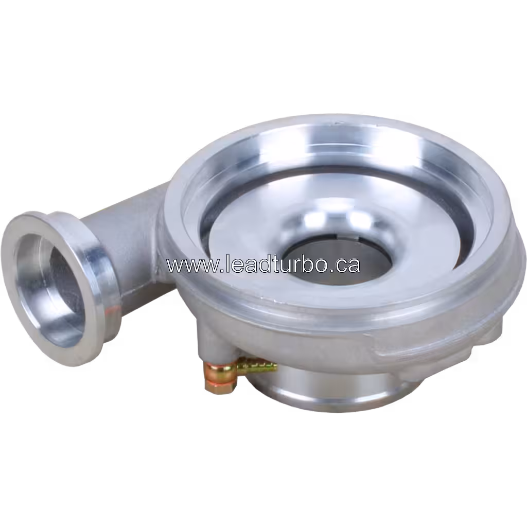 Bottom 45-degree view of Volvo Penta compressor housing with copper fitting