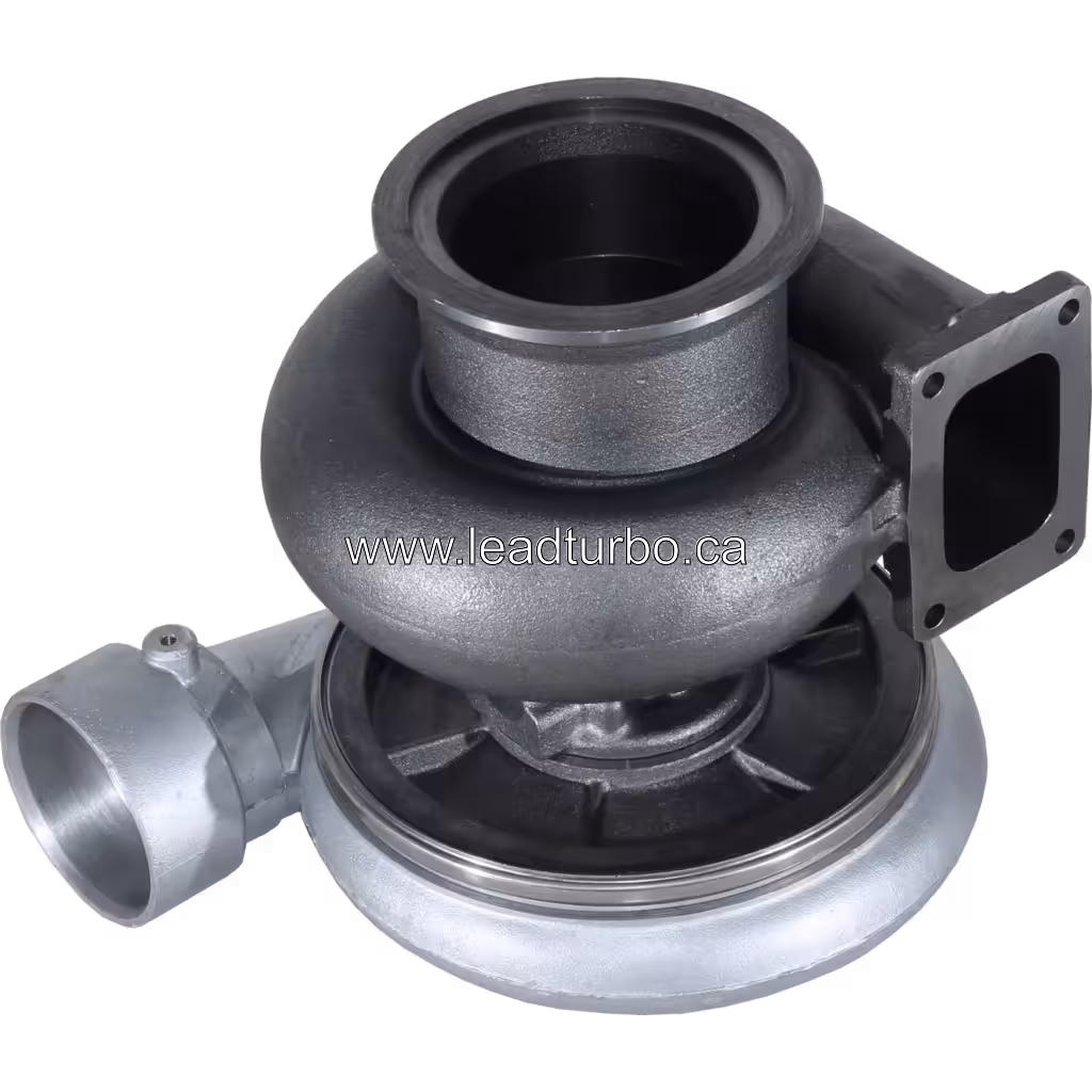 Vue de dessous du turbocompresseur 3523393 montrant le carter de turbine et la bride de sortie