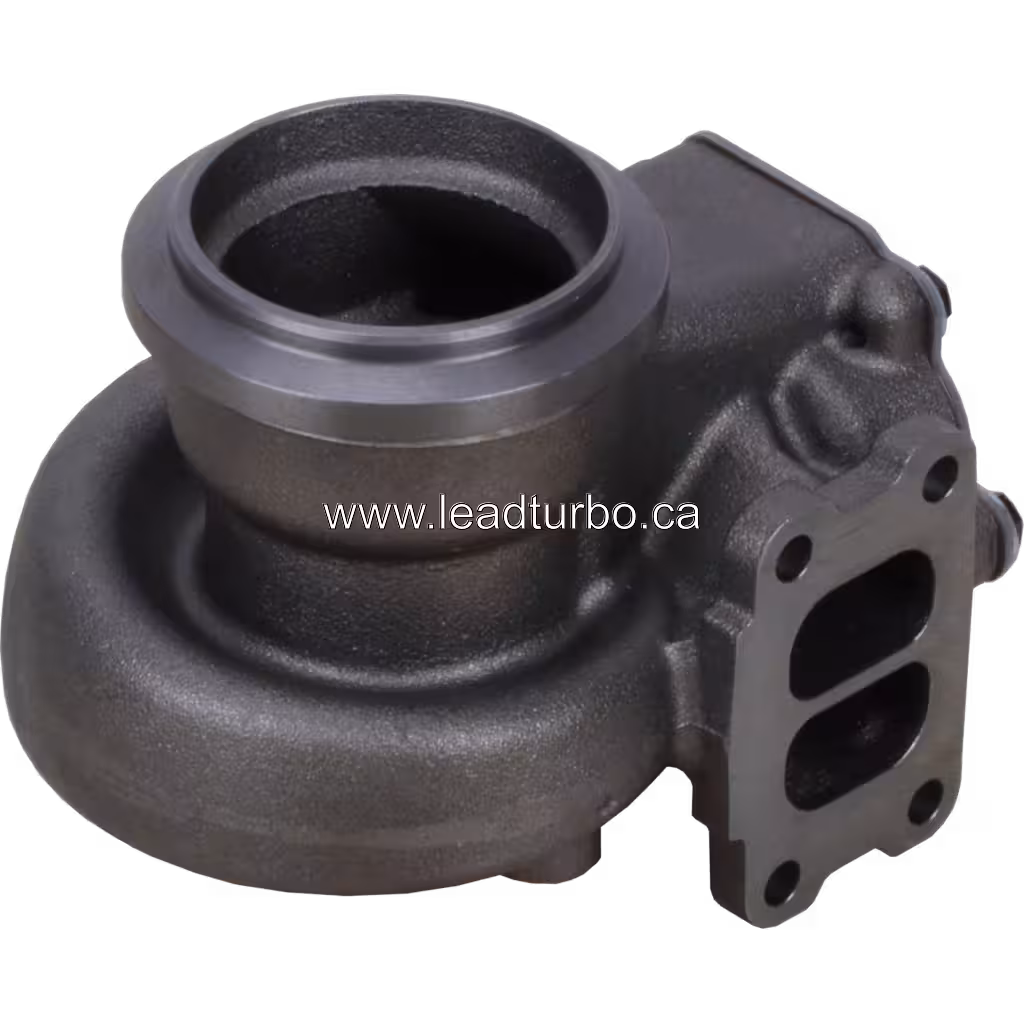 S300G turbine housing top view with two-port exhaust flange and bolt holes