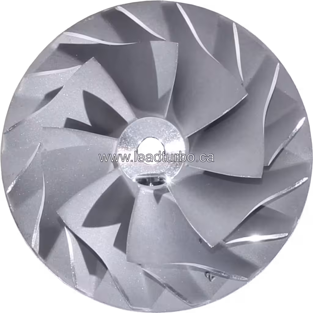 Silver metallic turbocharger compressor wheel with central hub