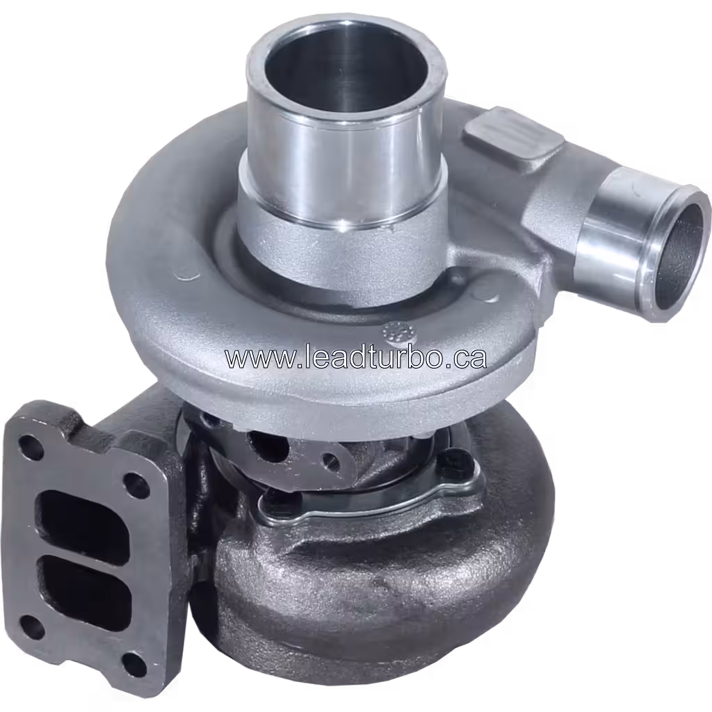 Top view of 0R6599 turbocharger showing two-port turbine flange