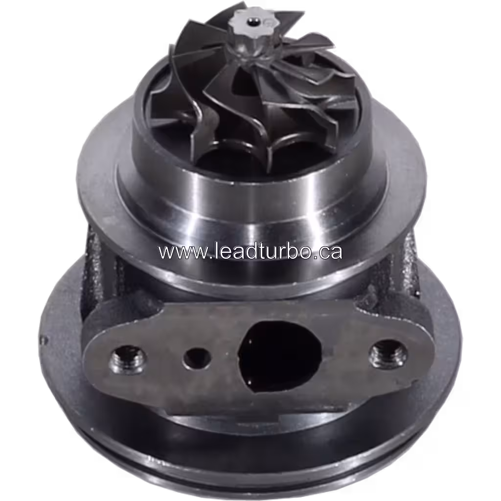 Turbocharger core bottom view showing mounting flange and V-band connections