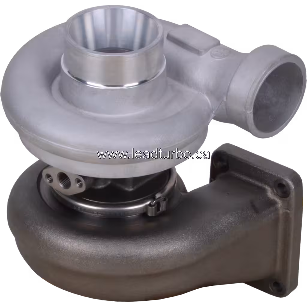Turbocompresseur TD08H-24M-18T vue de dessus à 45 degrés montrant le carter de turbine gris foncé