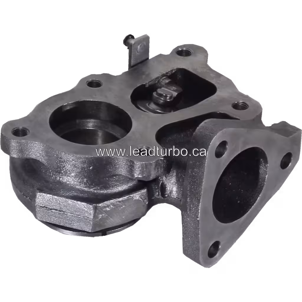 Carcasse turbine TD04 vue de dessus montrant les trous de montage et le support d'actionneur
