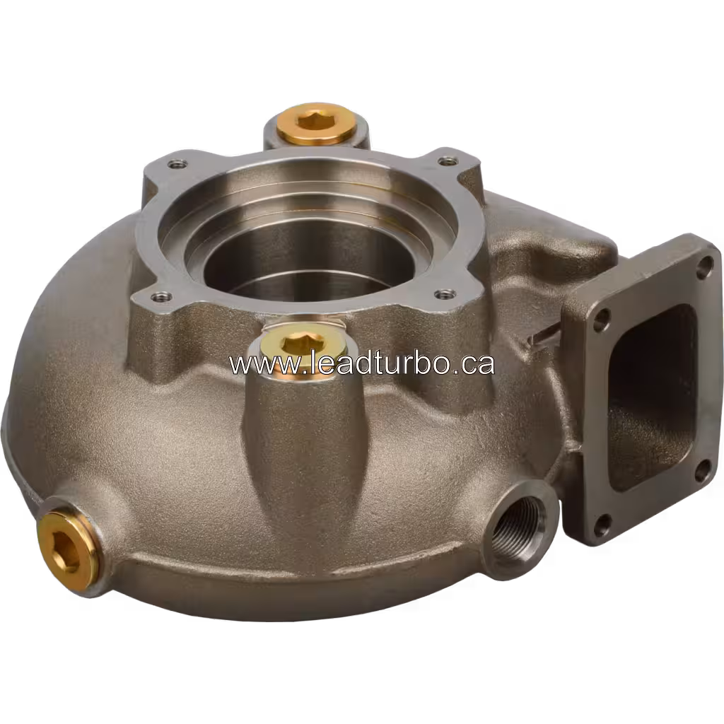 Cast metal turbine housing with brass inserts and machined opening