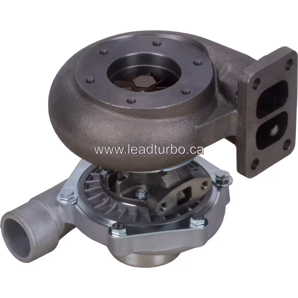 Vue du dessous du turbocompresseur 465744-0004 montrant la roue turbine et le carter central