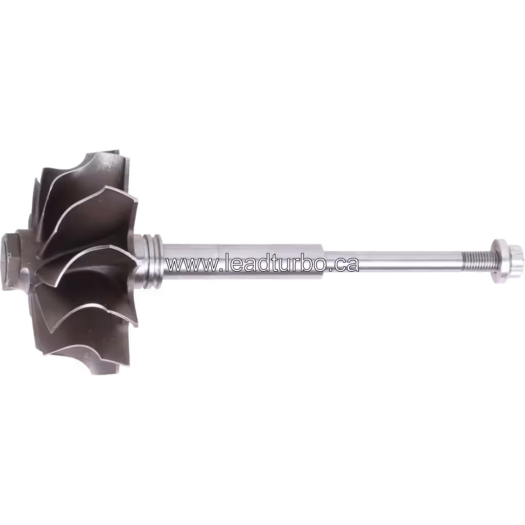 441064-0002 TA4503 turbine wheel front view with curved blades and metal shaft