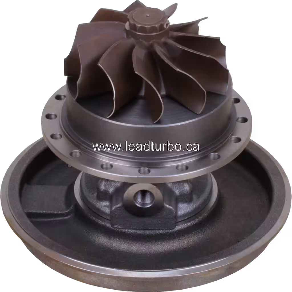 Vue de dessous à 45 degrés du core turbo J96 FOR 2882099 montrant la roue turbine
