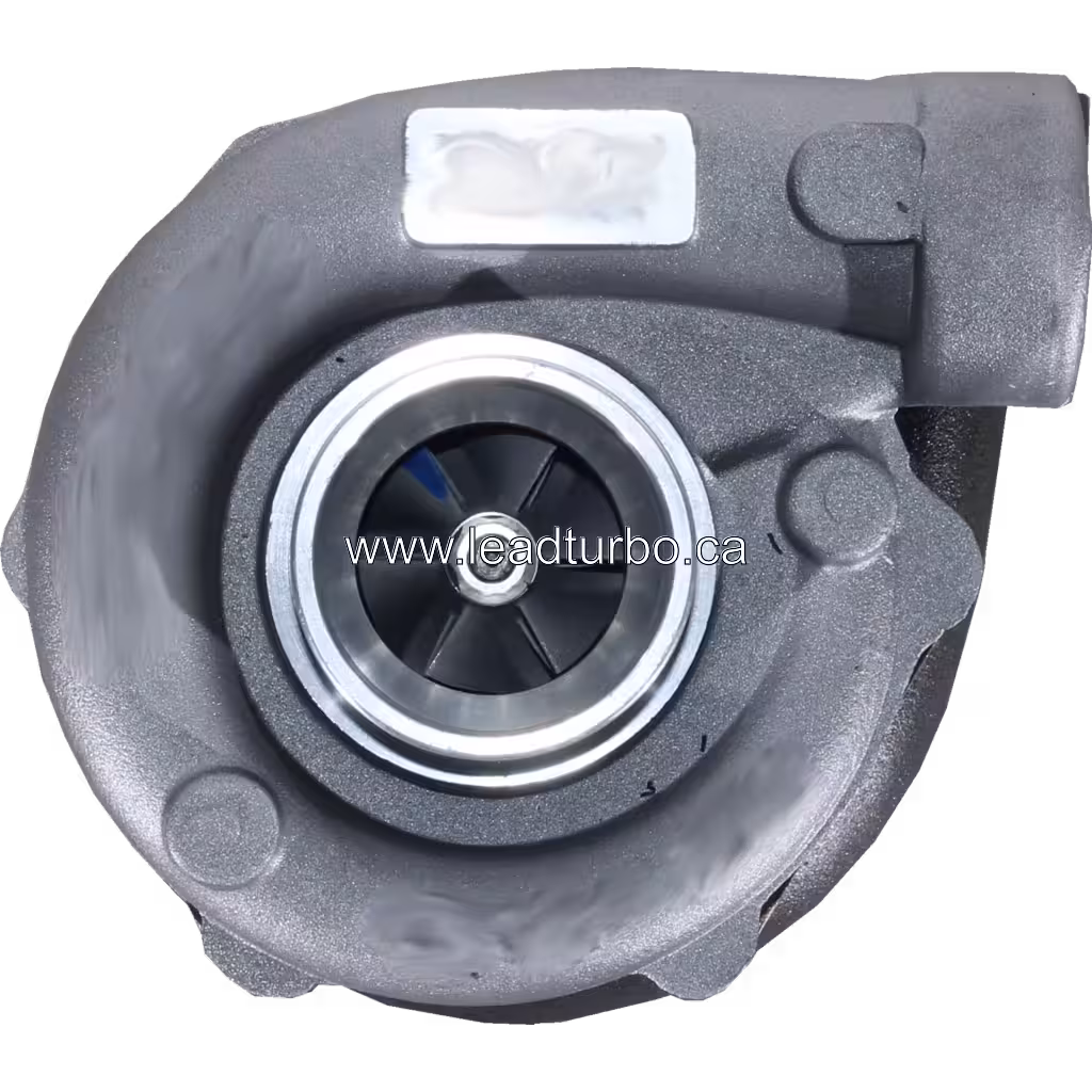 2674374 TA3107 turbocharger front view showing turbine wheel and dark grey housing