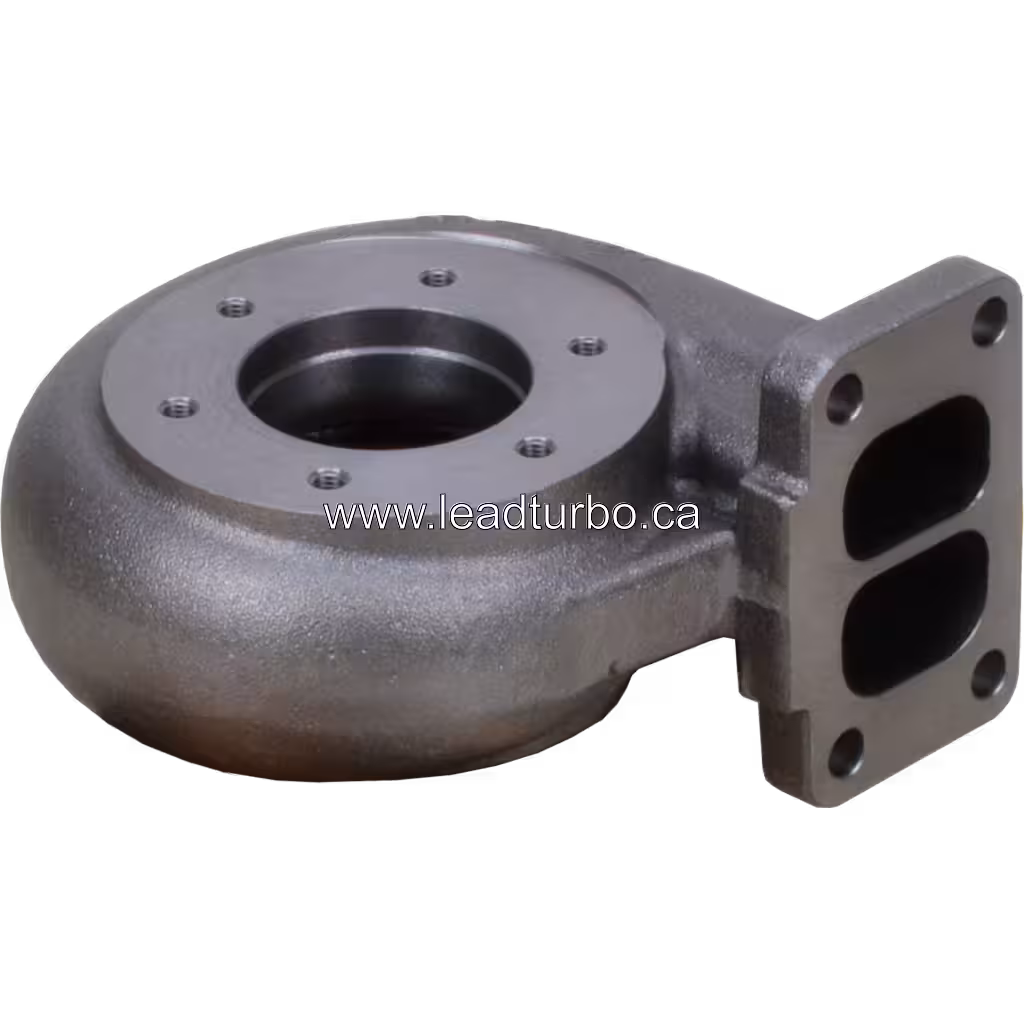 Top 45-degree view of TO4B46 turbine housing showing two-port exhaust flange