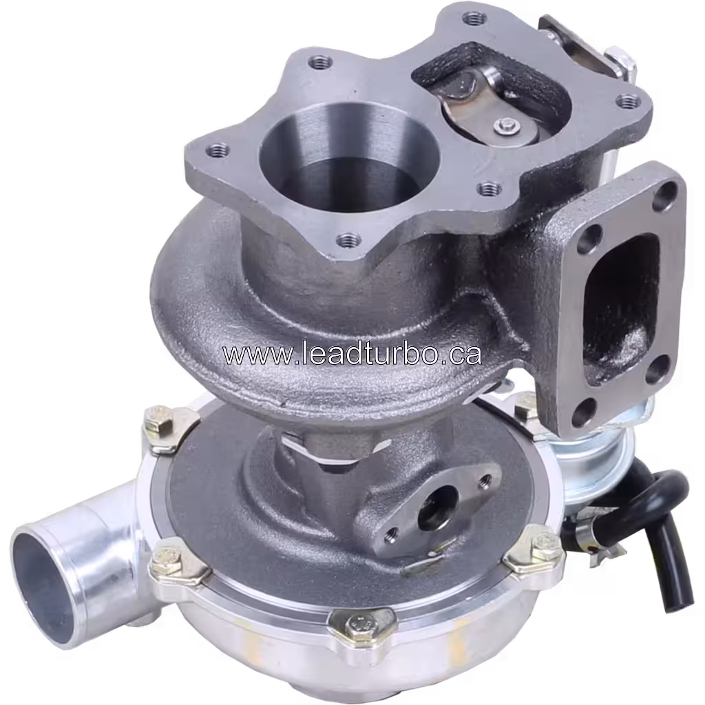 Bottom view of Isuzu NPR turbocharger 8-94477-7340 showing turbine housing and compressor outlet