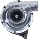 1144003770 turbocharger front view with silver compressor housing and dark grey turbine housing