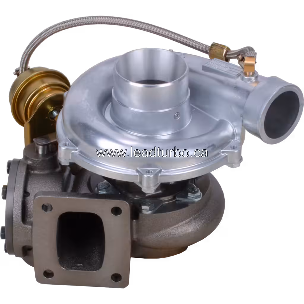 Top 45-degree view of RHC7 turbocharger showing rectangular exhaust flange and actuator assembly