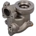 Bottom view of 53031009110 turbine housing showing outlet flange and threaded ports