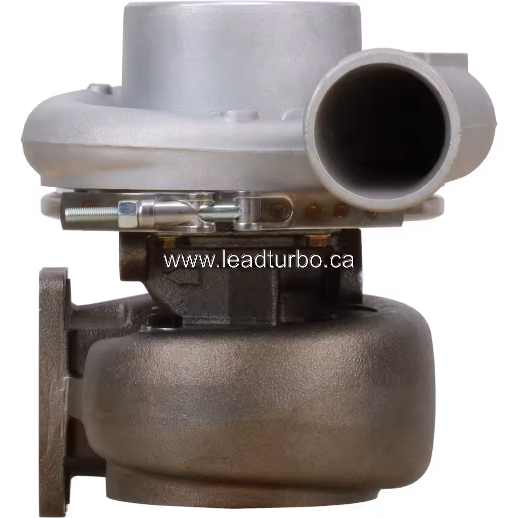 3526487 H1E Turbocharger front view with silver compressor and grey turbine housing