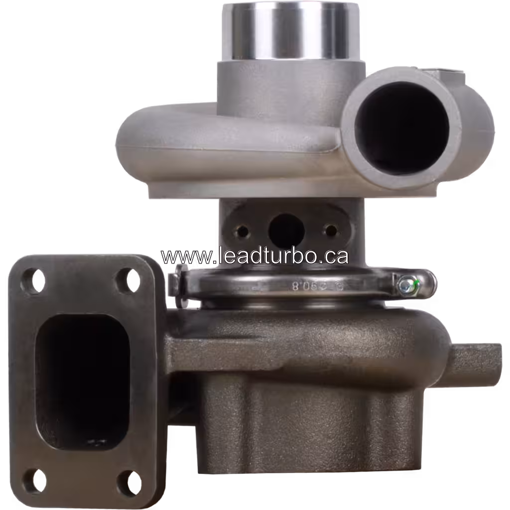 49179-02910 turbocharger front view with cast iron turbine housing and grey compressor housing