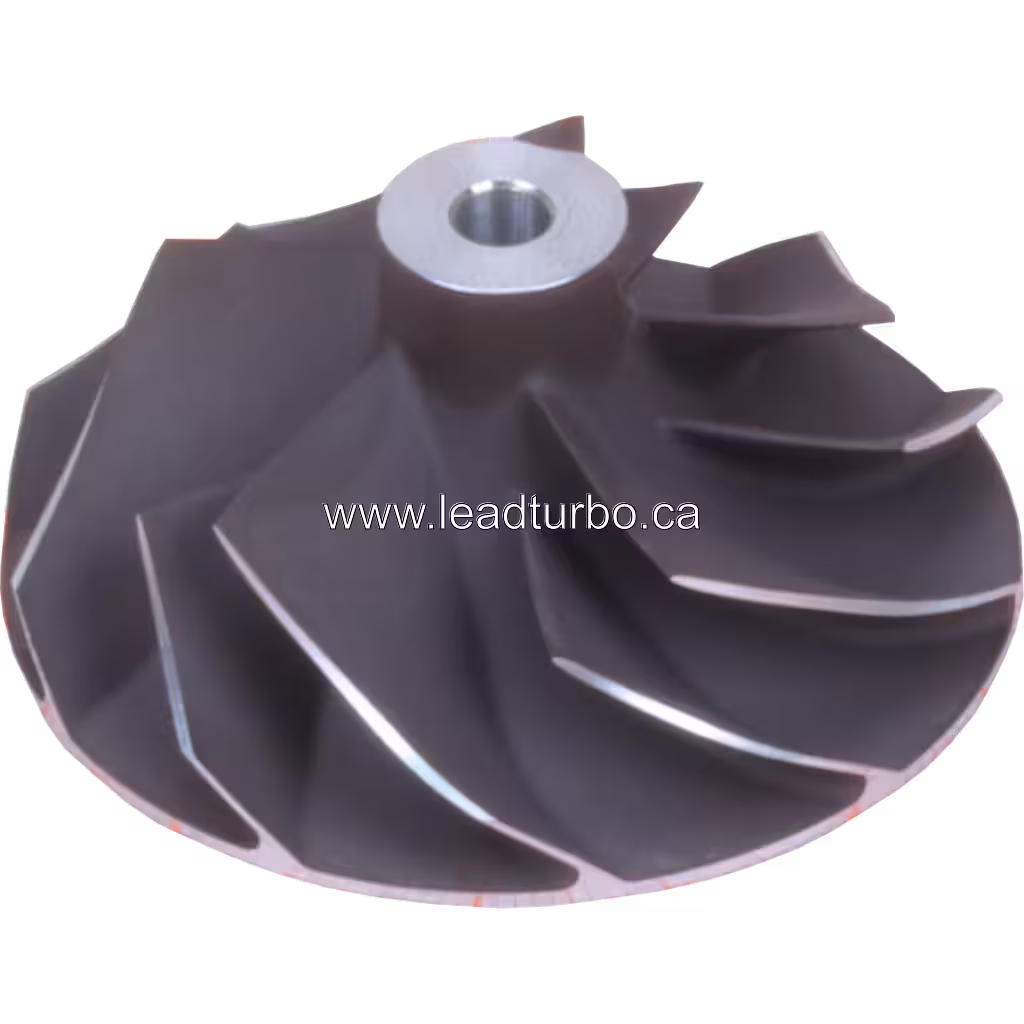 Angled view showing impeller blades of Nissan QD32TI compressor wheel