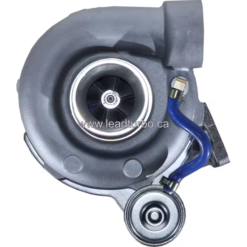 465425-5001 TBP408 turbocharger front view with blue coolant line