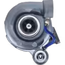 465425-5001 TBP408 turbocharger front view with blue coolant line
