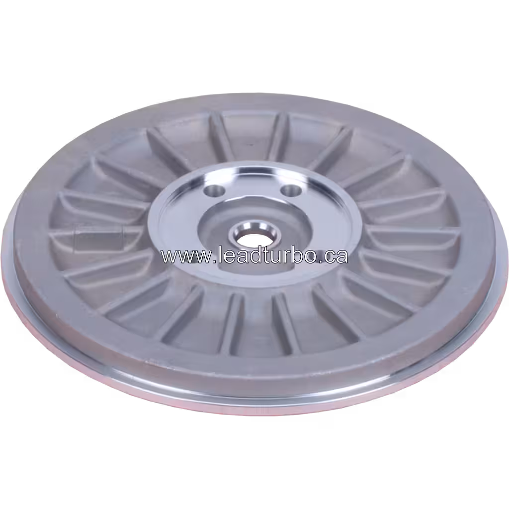 J96 turbo back plate 45-degree view revealing radial ribs and central keyway
