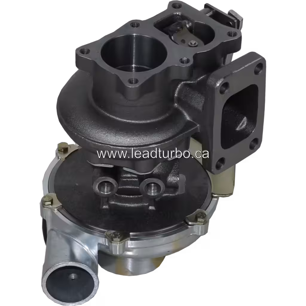 VA240039 turbocharger bottom view with machined aluminum compressor housing and mounting bolts