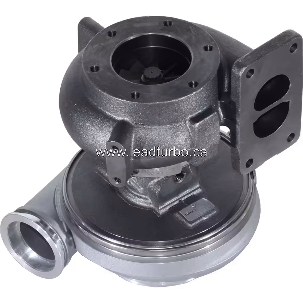 0080965099 turbocharger bottom view with mounting flanges and actuator related hardware