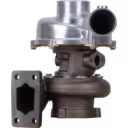 Front view of 12142318010 turbocharger showing silver compressor housing and dark turbine housing