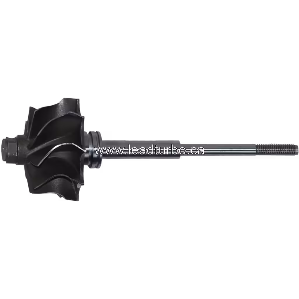 434533-0007 J96 turbine wheel front view showing black multi-bladed wheel and metal shaft