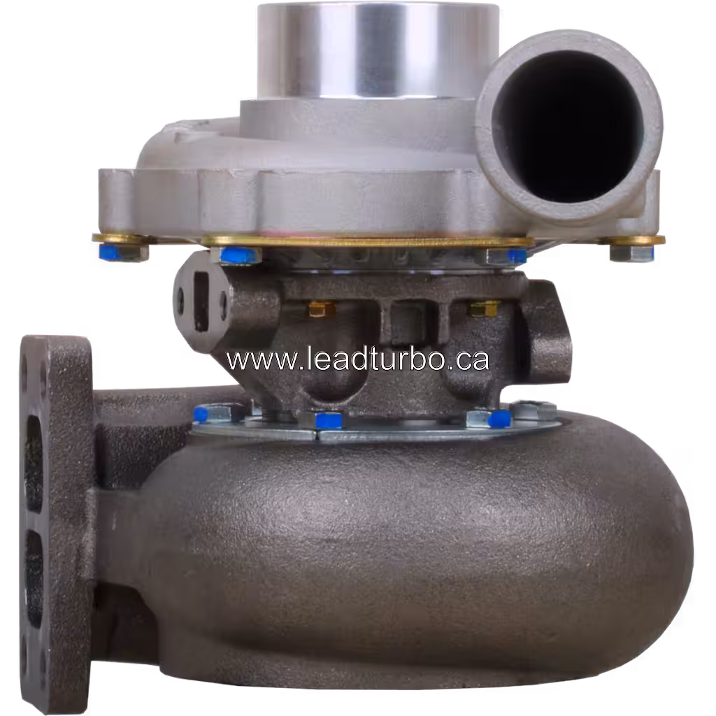 4762527 TO4B49 turbocharger front view with cast-iron turbine housing and two-hole square exhaust flange