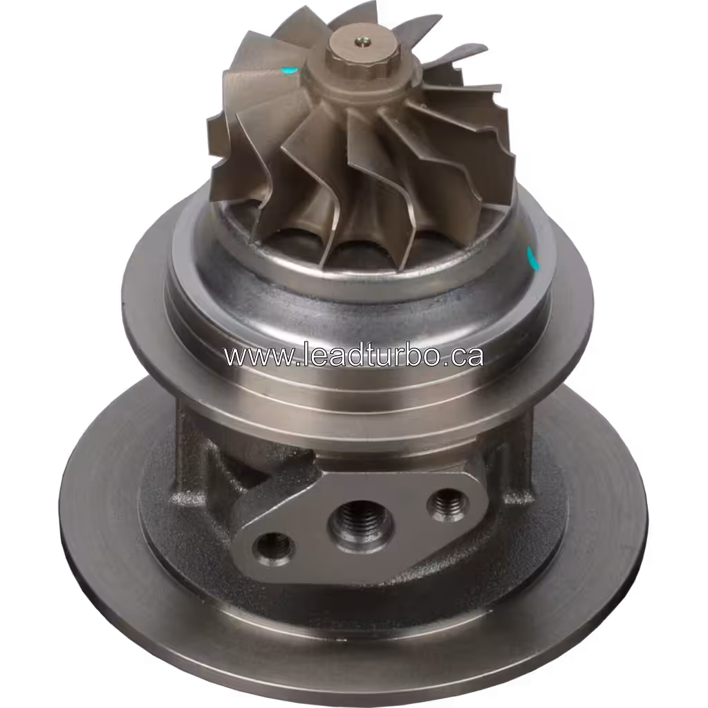 Vue de bas à 45 degrés du core turbo HX30W montrant la roue turbine et le flange de montage