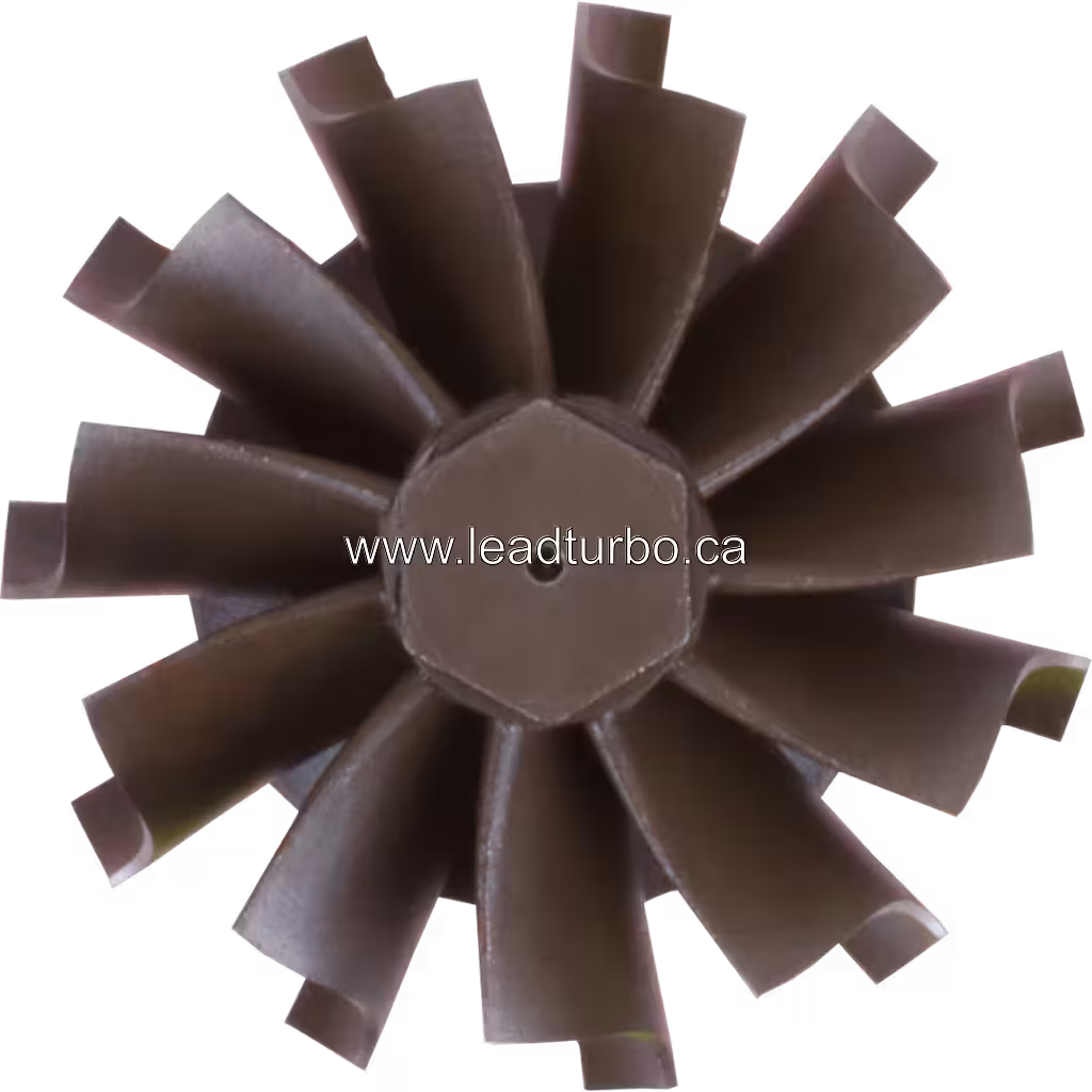 Top view of J96 turbine wheel showing hexagonal hub and threaded shaft end