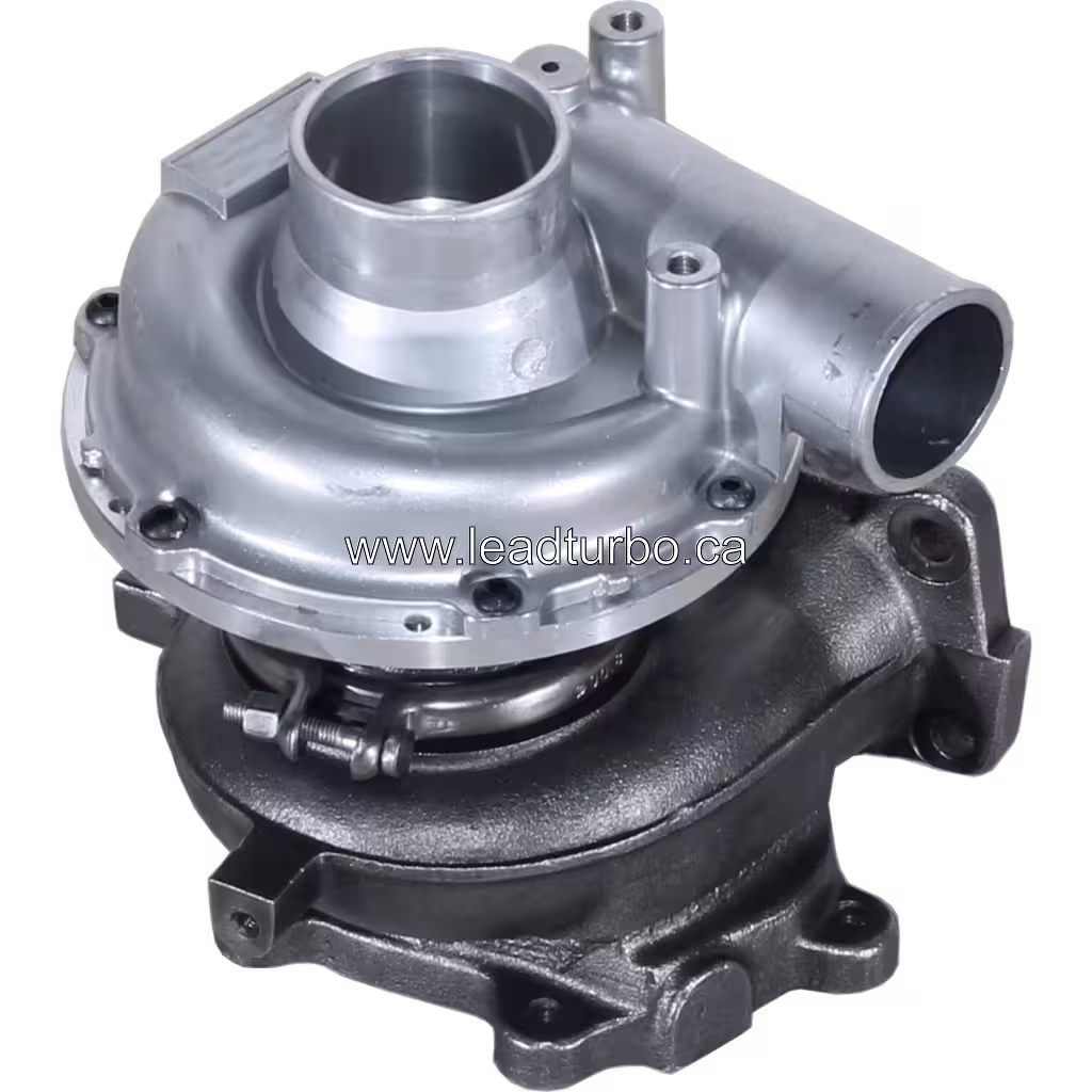 Vue du turbocompresseur Isuzu 4HK1 montrant le carter turbine gris foncé et le logement de palier
