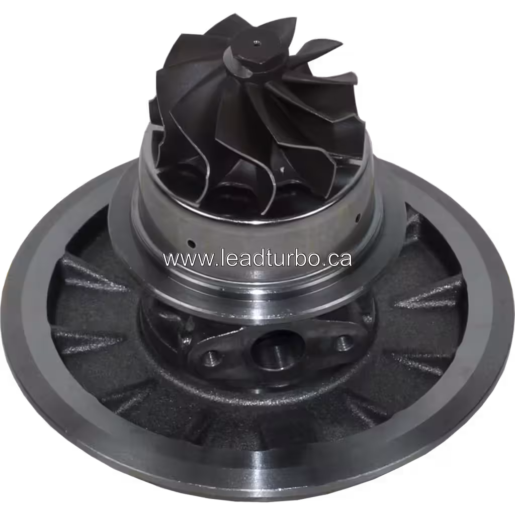 Vue de dessous du core de turbocompresseur GTA4202 montrant la roue turbine et la structure de support