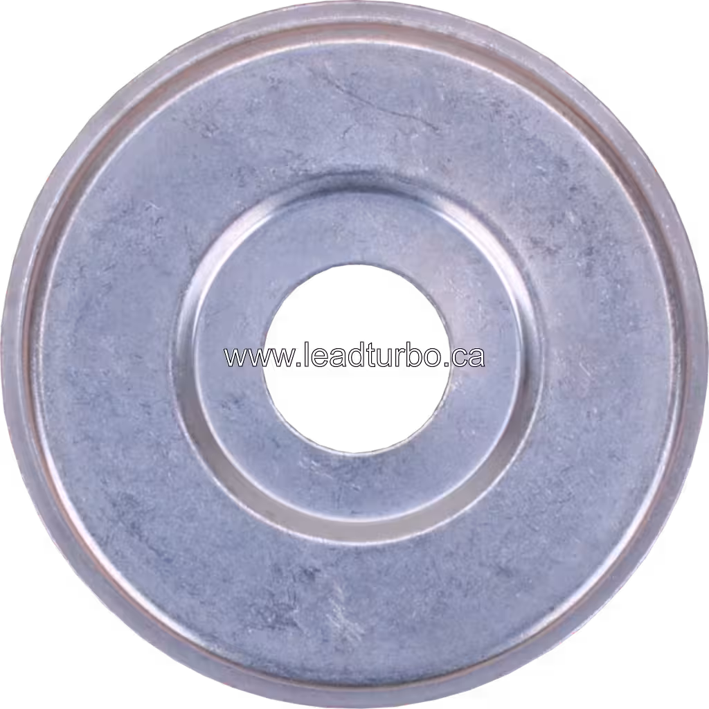 45-degree view of HX40W turbo heat shield, shallow cup-shaped metal component
