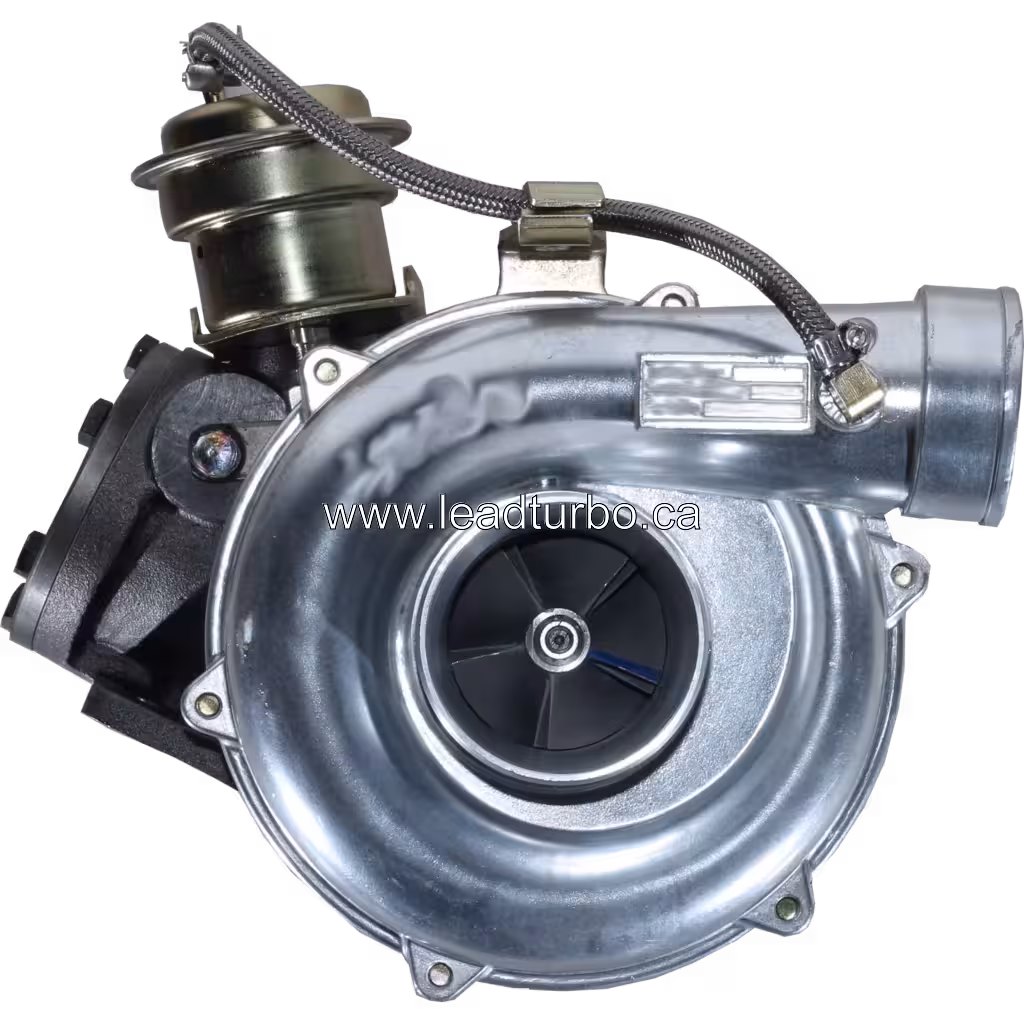 Front view of 8943944572 turbocharger with polished compressor housing and variable geometry turbine vane system