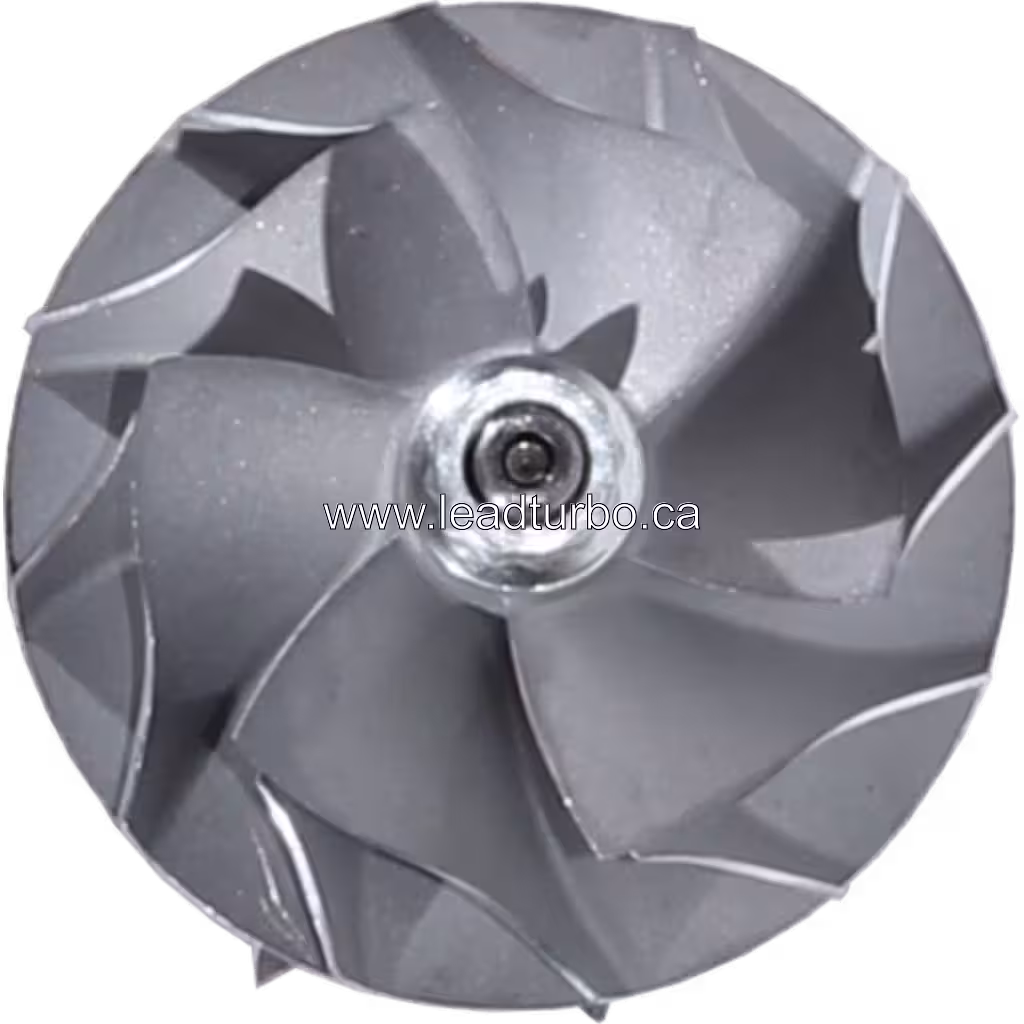 J96 turbocharger rotor assembly top view with curved metallic blades and threaded ends