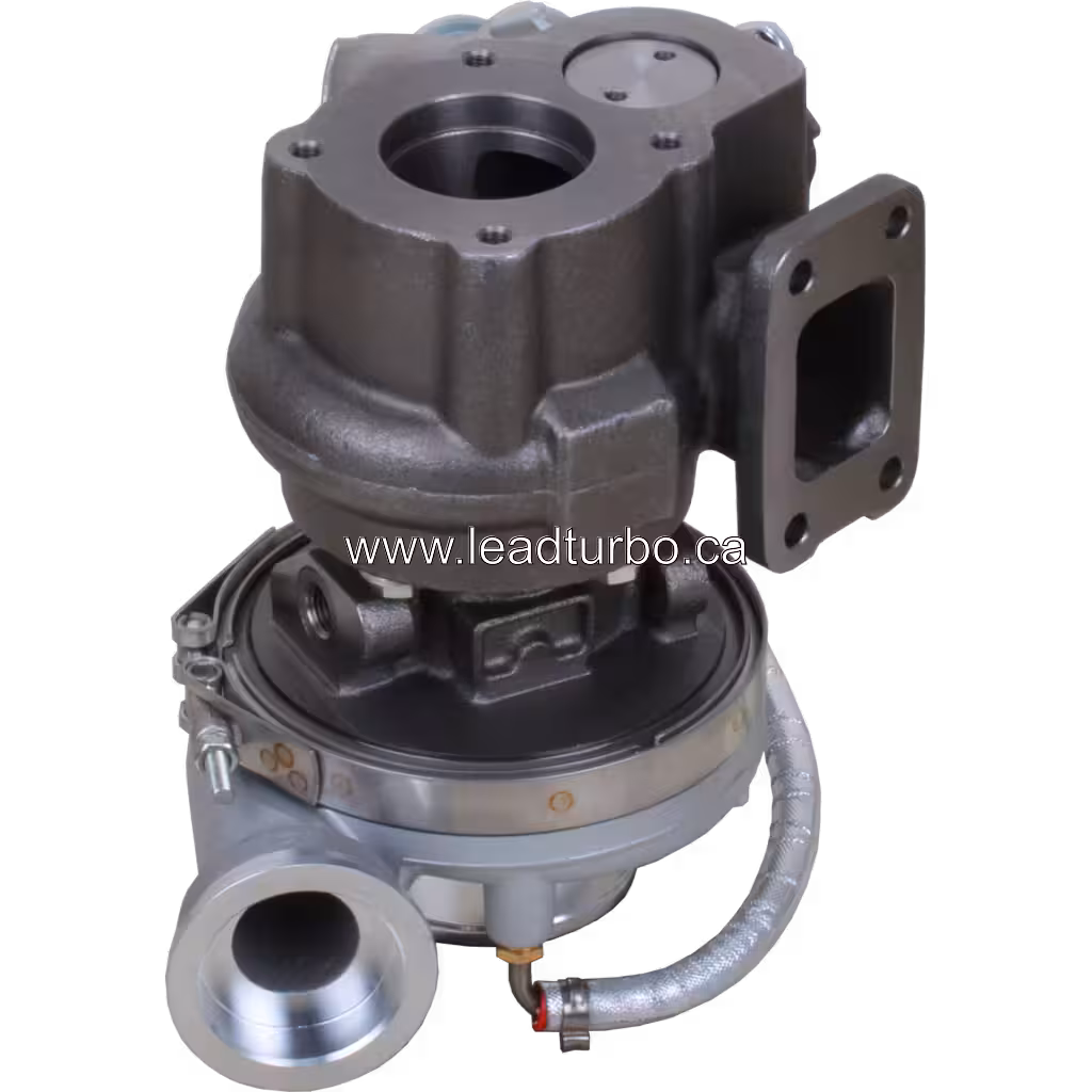 318154 turbocharger bottom view with square exhaust flange and coolant lines