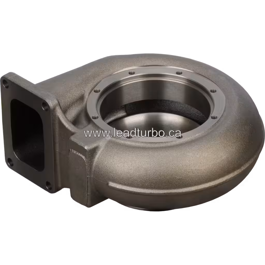 Angled view of HX80 turbine housing with internal vane and bolt holes