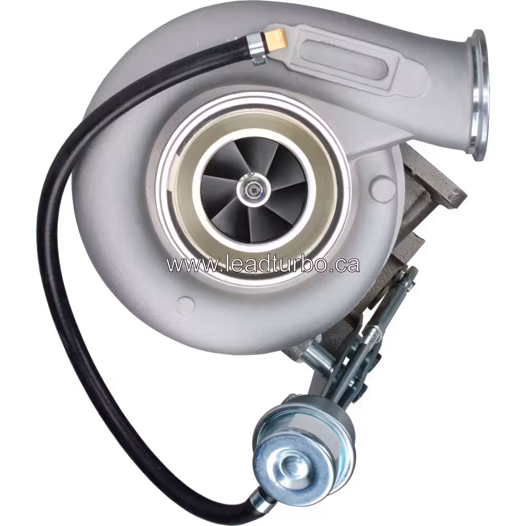 4043980 turbocharger front view with metallic mounting bracket and compressor outlet