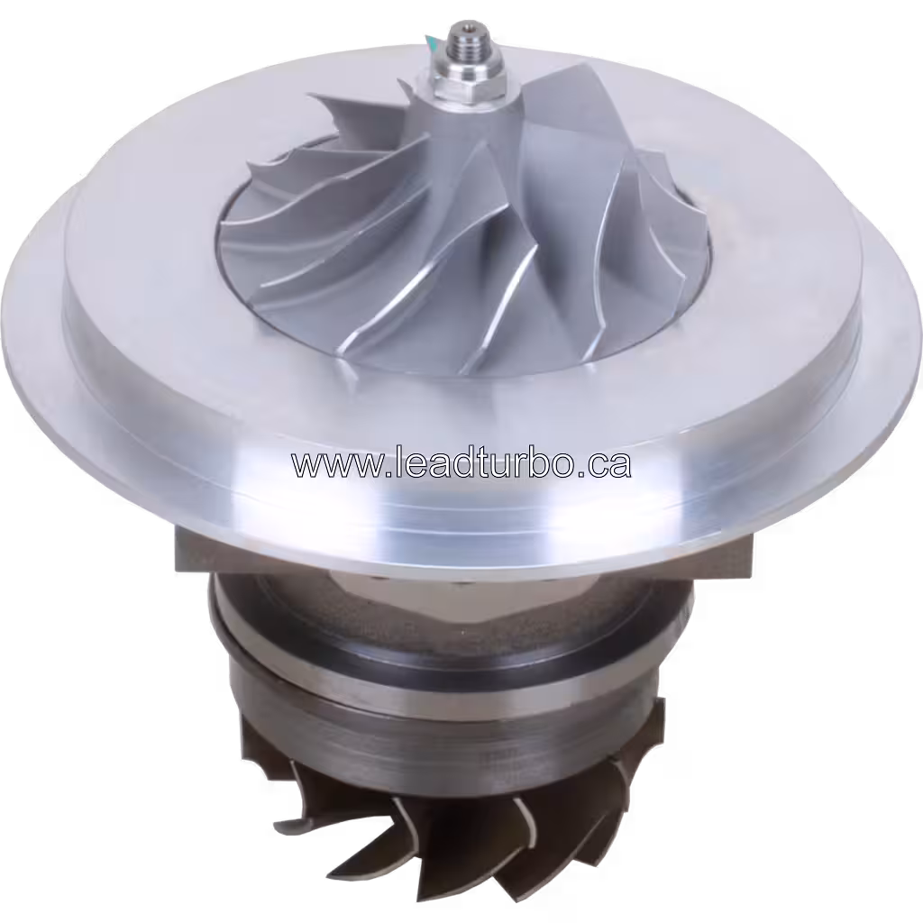 Top view of J96 turbo core with silver compressor wheel and mounting flange