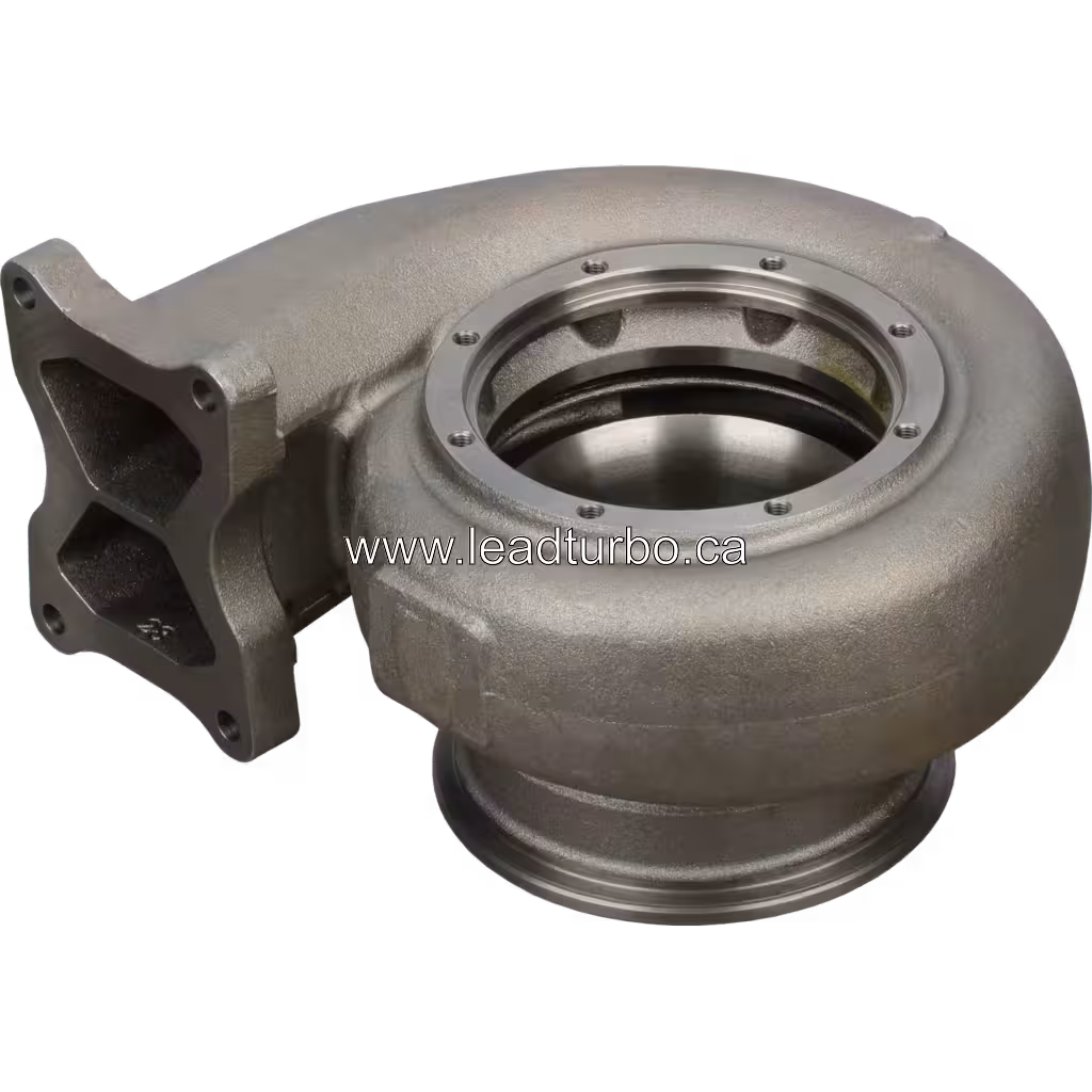 Grey cast metal turbine housing bottom view with dual internal passages