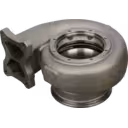 Grey cast metal turbine housing bottom view with dual internal passages