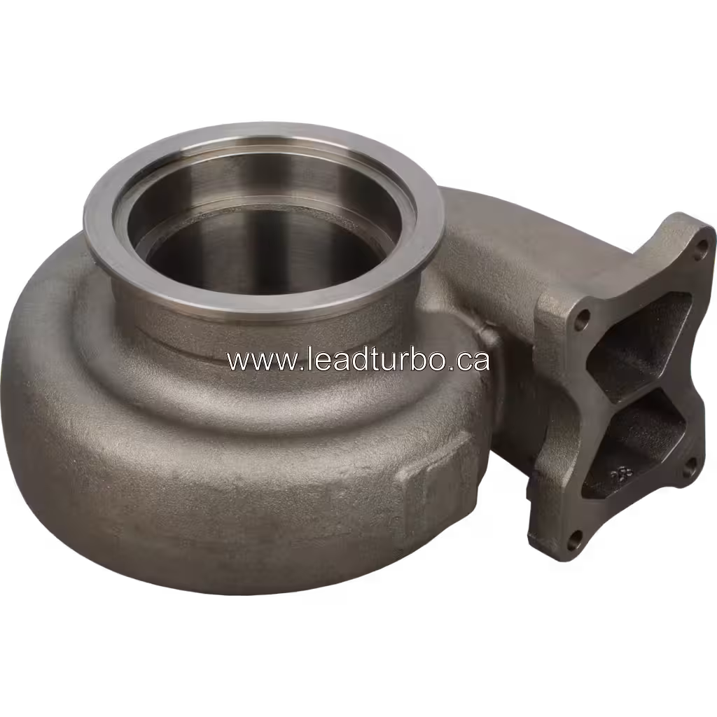 Cummins QST30 turbine housing top view showing four-bolt outlet flange