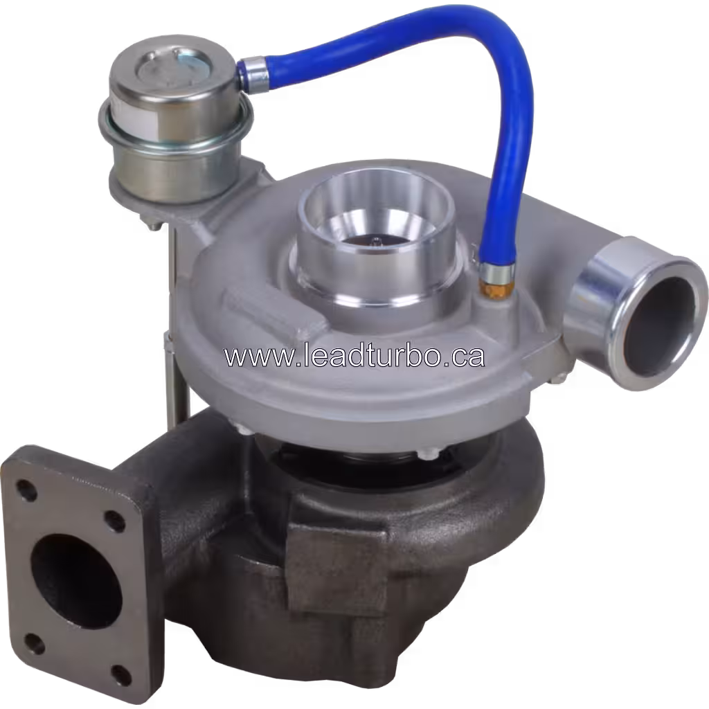 GT2556 turbocharger top view showing blue actuator hose and square flange