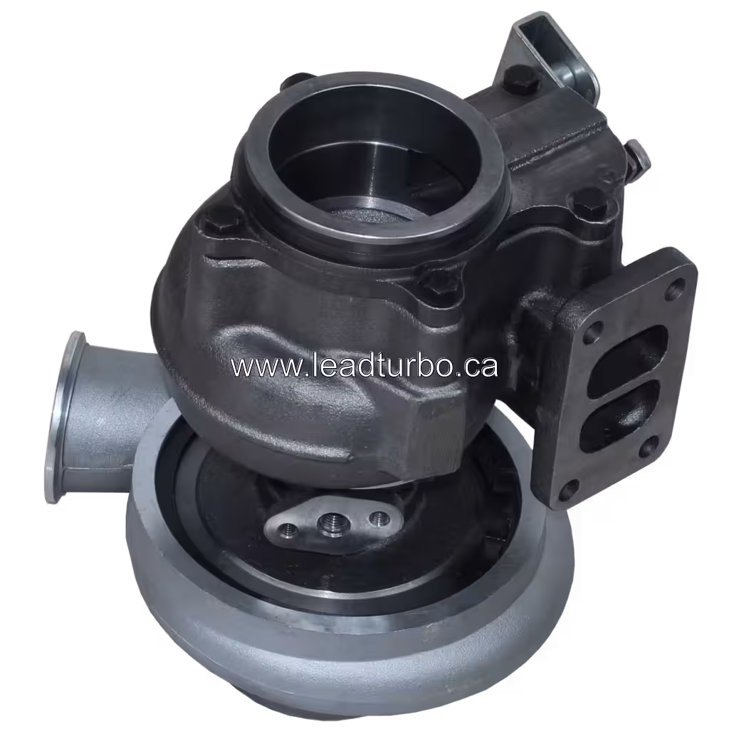 4951032 HX40W turbocharger bottom view with two-bolt turbine outlet flange and mounting bracket